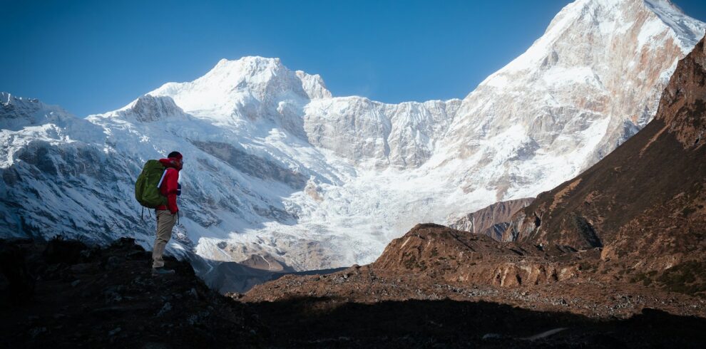 Hiker enjoys a scenic view of a snow-capped mountain.